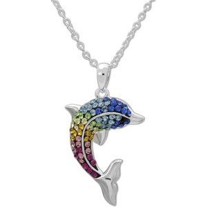 Rainbow Crystal Silver-Tone Dolphin Pendant, 18" Chain